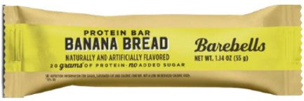 Barebells Banana Bread Protein Bar 1.94 oz wrapper showing banana bread flavor and high-protein nutrition details