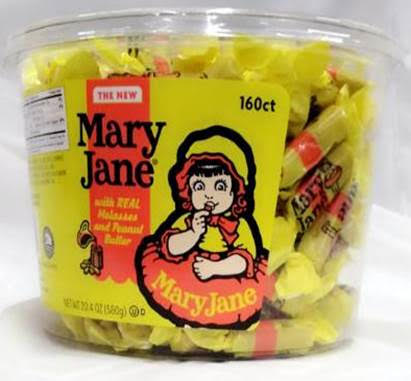 Mary Jane Peanut & Molasses Chewy Taffy bite-sized twist-wrap candies in a 160-count jar by Atkinson's Candy