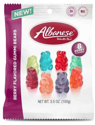 Albanese Berry Gummi Bears 3.5 oz peg bag filled with colorful soft berry-flavored gummi bears