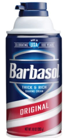 Barbasol Regular Shaving Cream 10 oz aerosol can with classic red, white, and blue label
