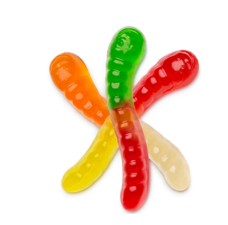 Albanese 2-inch assorted flavor gummi worms, 4.5 lb bulk supply in a variety of bright fruit flavors