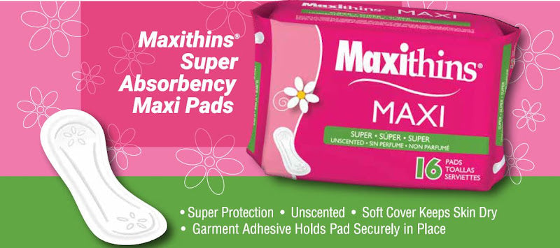 Maxithins Regular Unscented Maxi Pads 16 count package for heavy or overnight flow protection