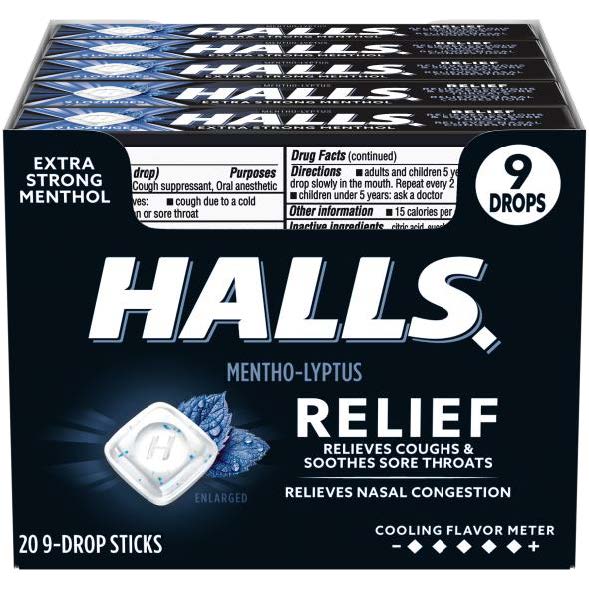 Halls Extra Strength Cough Drops 9ct stick pack front packaging wholesale display