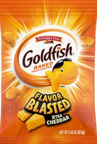 Goldfish Blasted Xtra Cheddar Crackers 2.45 oz bag with bold cheddar seasoning