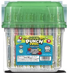 Sour Punch Twists sour candy 180-count jar with individually wrapped fruit-flavored chewy candy twists