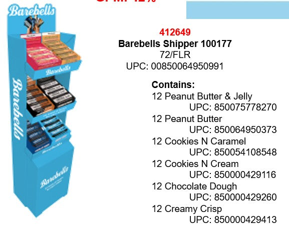 Barebells Protein Bars 6 Flavor Variety Shipper display with 72 assorted high-protein snack bars, no added sugar