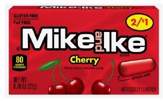 Mike and Ike Cherry Candy box with chewy cherry-flavored candies, pre-priced 2 for $1