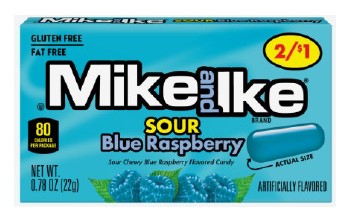 Mike and Ike Sour Blue Raspberry chewy candy, pre-priced 2 for $1, tangy blue raspberry flavor