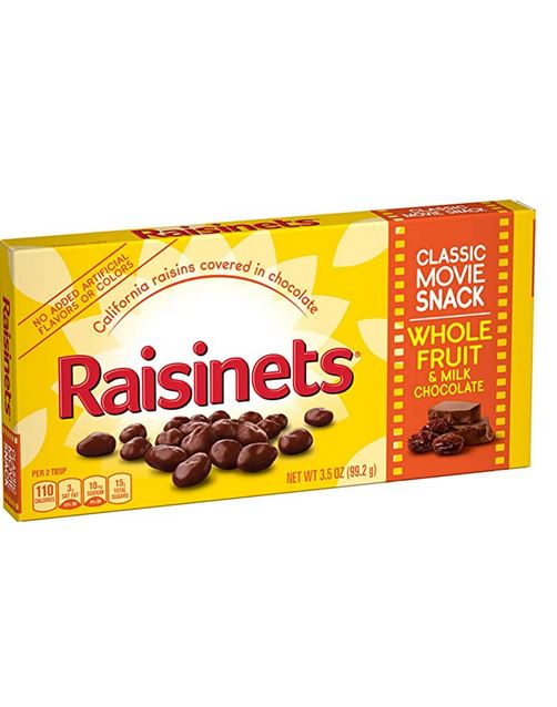 Raisinets Milk Chocolate Covered Raisins 3.1 oz theater box with brown and yellow packaging