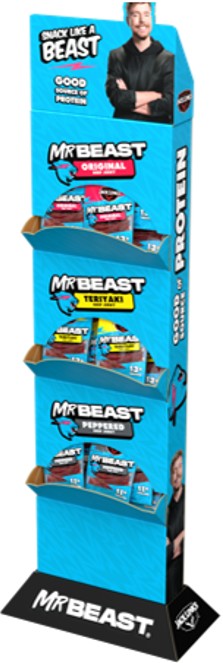 Jack Link's MrBeast Beef Jerky 1.25 oz single-serve pouch, gravity tower display, 45 count