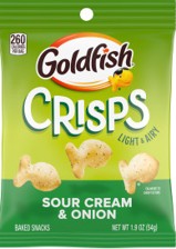 Goldfish Crisps Sour Cream & Onion 1.9 oz bag, crispy baked snack crisps with tangy sour cream and onion seasoning