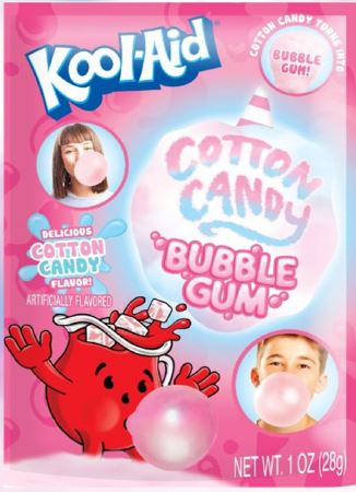 Kool-Aid Cotton Candy Bubble Gum pieces with bright, colorful packaging featuring the Kool-Aid branding