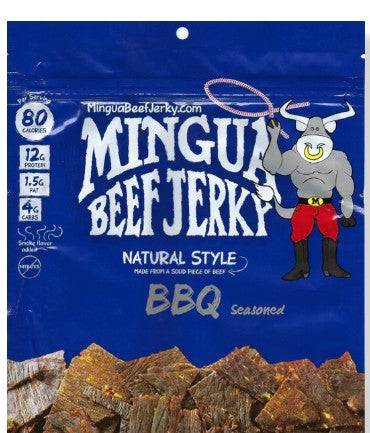 Mingua Beef Jerky BBQ Flavor 3 oz bag with bold smoky barbecue seasoning