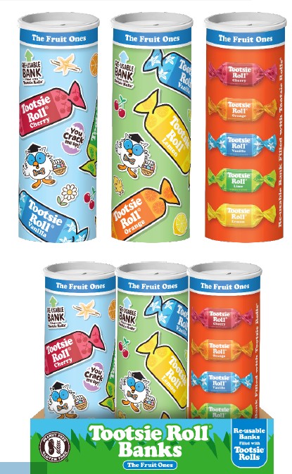 Tootsie Fruit Roll Bank 5.7 oz collectible coin bank filled with chewy fruit-flavored Tootsie Roll candies