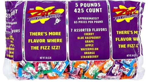 Zotz Fizz Power Candy assorted fruit flavors 5-pound bag with individually wrapped Cherry, Blue Raspberry, Grape, Apple, Watermelon, and Orange pieces