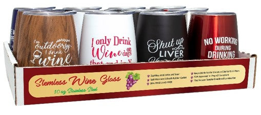 Stainless steel stemless wine glasses with sleek modern design, set of 12, suitable for wine and cocktails