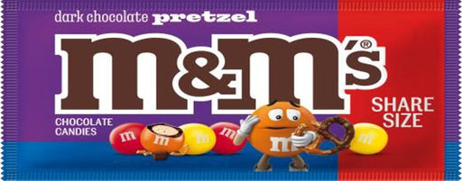 M&M's Dark Chocolate Pretzel King Size 2.83 oz bag with colorful candy-coated pretzel pieces