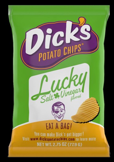 Dick's Chips Lucky Salt & Vinegar Potato Chips 2.75 oz bag with bold tangy seasoning