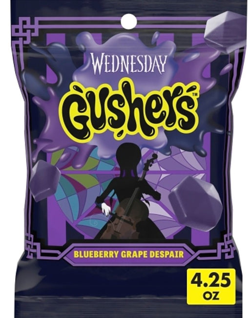 Gushers Wednesday Addams Blueberry Gummy Candy peg bag with limited-edition Wednesday Addams themed packaging