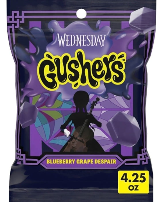 Gushers Wednesday Addams Blueberry Gummy Candy peg bag with limited-edition Wednesday Addams themed packaging