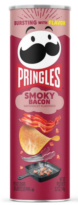 Pringles Smoky Bacon flavored chips in a 5.2oz resealable canister, front view
