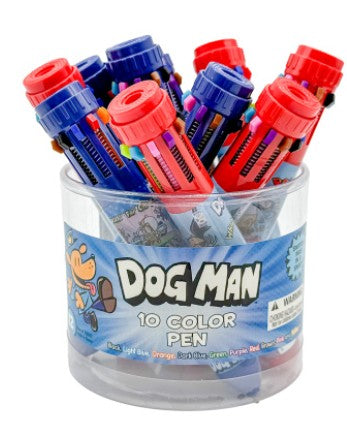 Dog Man 10-Color Pen featuring character artwork and ten rotating ink colors for kids