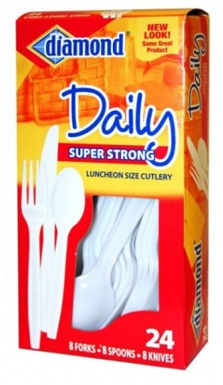 Disposable plastic fork, knife, and spoon combo utensil set, 24 count