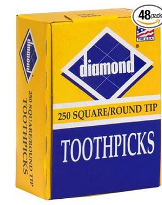 Round wooden toothpicks 250 count box, smooth and splinter-resistant for kitchen and foodservice use
