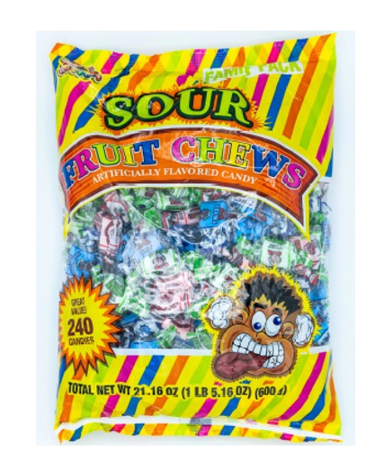 Albert's Sour Fruit Chews 21.1 oz bag with 240 individually wrapped green apple, strawberry, and blue raspberry candies