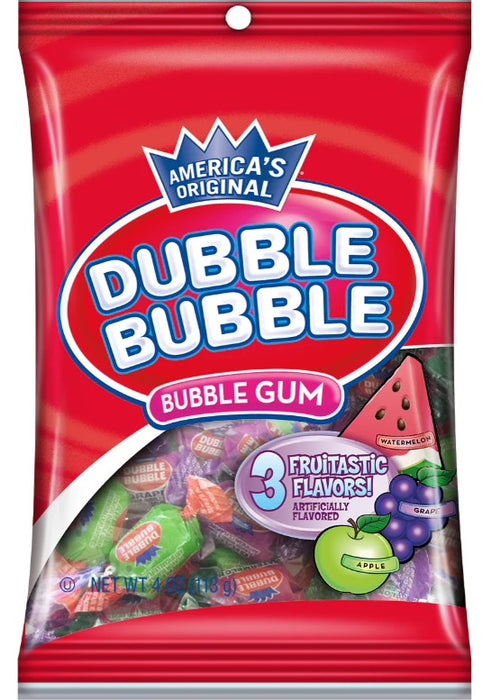 Dubble Bubble 3 Fruit Flavors Double Twist Wrapped Bubble Gum peg bag with colorful individually wrapped pieces