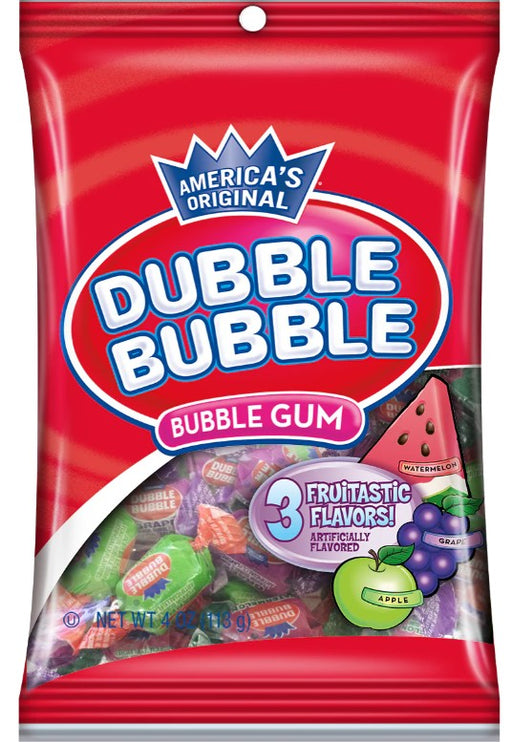Dubble Bubble 3 Fruit Flavors Double Twist Wrapped Bubble Gum peg bag with colorful individually wrapped pieces