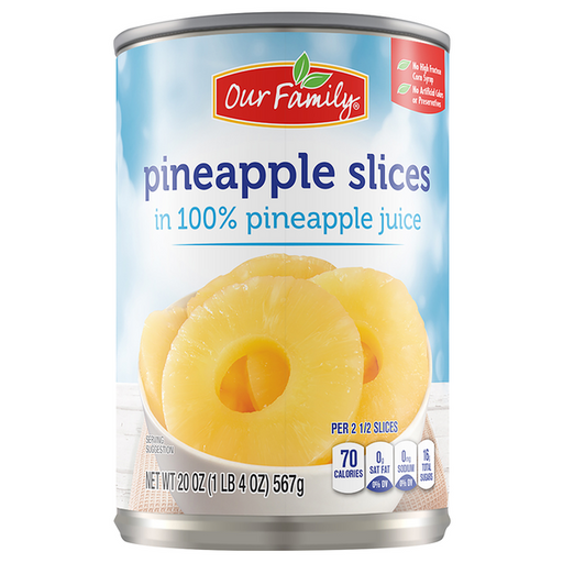 Our Family Sliced Pineapple in Juice 20 oz can with tender pineapple rings packed in natural pineapple juice