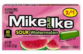 Mike and Ike Sour Watermelon chewy candy pieces with bold sour watermelon flavor, pre-priced 2 for $1