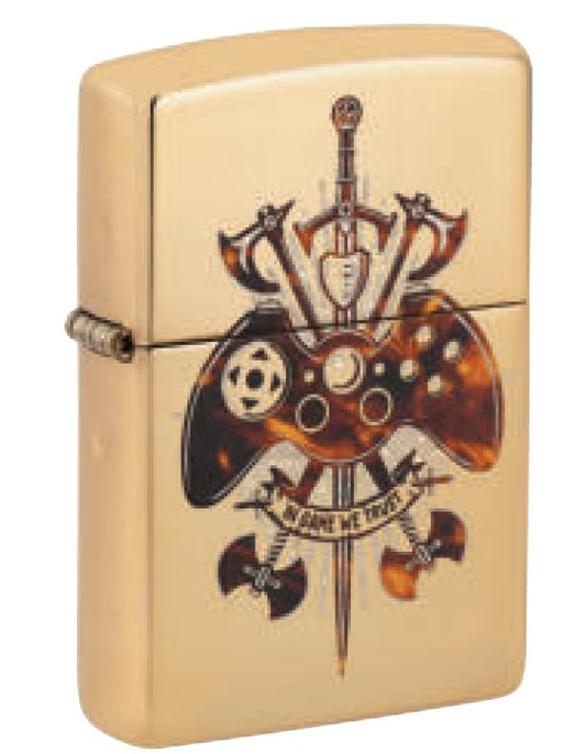 Zippo Gamer Design Windproof Lighter with bold gaming artwork, refillable, American-made, packaged in a gift box