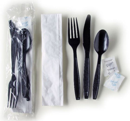 Walco black disposable cutlery kit with fork, knife, spoon, napkin, and salt and pepper packets