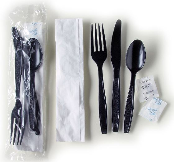 Walco black disposable cutlery kit with fork, knife, spoon, napkin, and salt and pepper packets