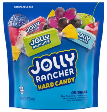 Jolly Rancher Assorted Fruit Hard Candy Super Bag with colorful mixed fruit flavors including watermelon, cherry, and green apple