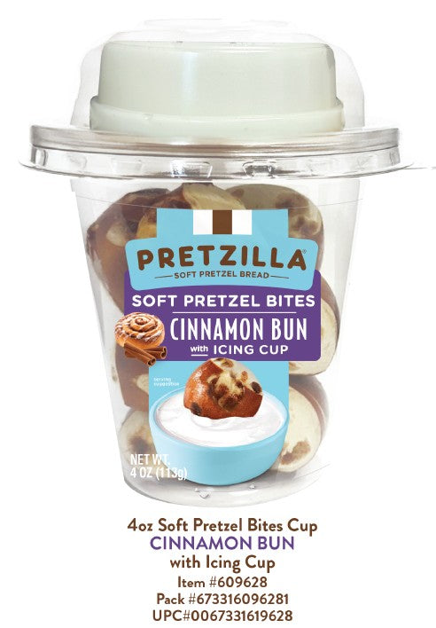 Pretzilla Cinnamon Bun Pretzel Bites in a 4 oz single-serve cup with soft, chewy pretzel pieces