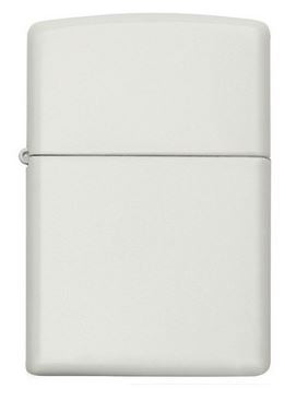 Zippo White Matte Lighter with lasered hinge and bottom stamp, presented in a Zippo gift box
