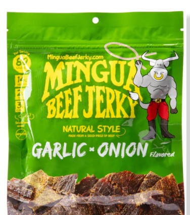 Mingua Beef Jerky Garlic Onion bag — bold garlic and onion flavored slow-cured beef jerky