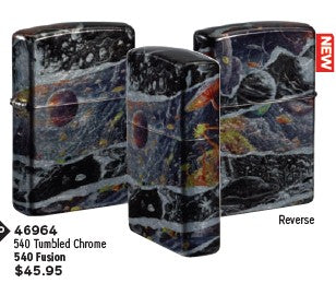 Zippo Collage Design Tumbled Chrome Lighter with bold artistic collage graphic and brushed chrome finish