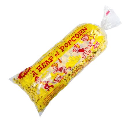 Heap O Corn 18-inch plastic popcorn serving bag with classic carnival-style branding