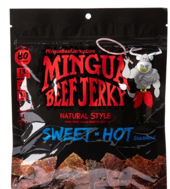 Mingua Sweet Hot Beef Jerky 3 oz bag with bold sweet and spicy seasoning
