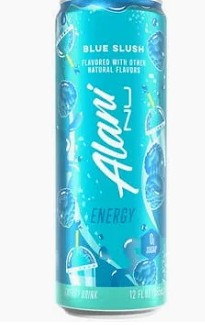 Alani Nu Blue Slush Energy Drink 12 oz can with blue raspberry flavor branding