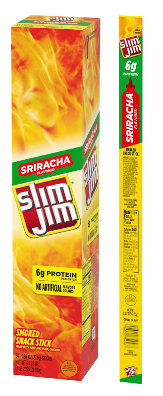 Slim Jim Giant Sriracha Meat Stick 0.97 oz, individually wrapped spicy smoked meat snack stick