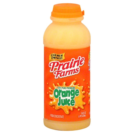 Prairie Farms Orange Juice 16 oz single-serve bottle front packaging