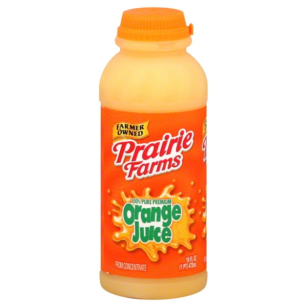 Prairie Farms Orange Juice 16 oz single-serve bottle front packaging