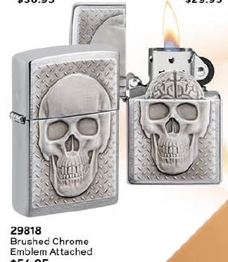 Zippo Skull With Brain Surprise Brushed Chrome Lighter with hidden brain emblem revealed inside the lid, packaged in a gift box