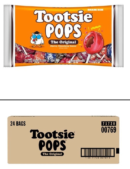 Tootsie Pops Assorted Flavors 10.125 oz bag with colorful individually wrapped lollipops in cherry, grape, orange, and raspberry