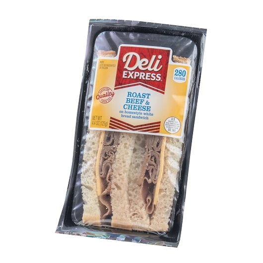 Deli Express Roasted Beef & Cheese Sandwich 4.4 oz individually wrapped sandwich front packaging